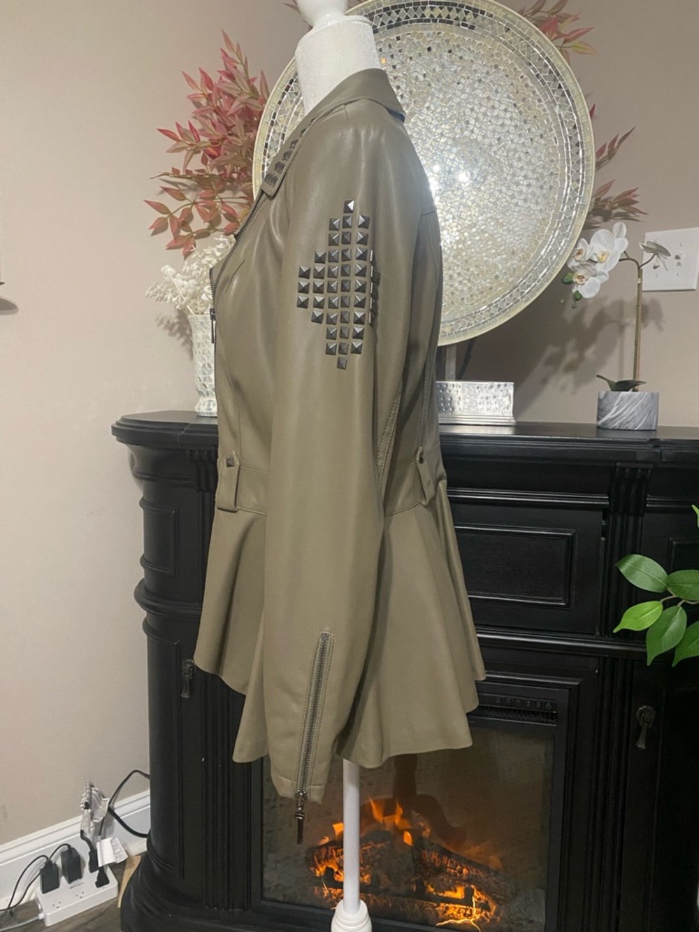 G.I.L.I. Taupe Asymmetric Stud Collar Faux Leather Jacket